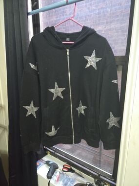 SHEIN Black Zip-Up Hoodie with Silver Star Embellishments